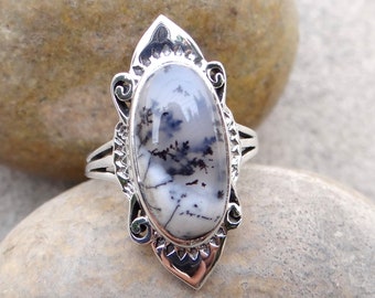 Dendritic Opal agate ring size 6 7 8 genuine large white natural raw gemstone rings long oval Merlinite fern Opal ring pendant jewelry set
