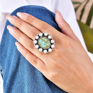 Handmade Turquoise & Sterling Silver Adjustable Ring, Pearl Statement Ring for Women
