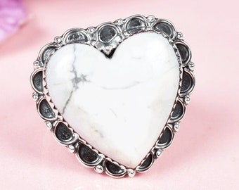 White Howlite Ring, 925 Sterling Silver, Southwestern Ring, Heart Shape Ring, Natural Healing Gemstone Ring, Valentine Gift for Women n Girl