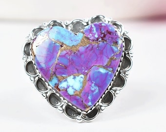 Purple Copper Turquoise Heart Ring in 925 Sterling Silver Ring, Boho Handmade Statement ring, Birthstone Ring, Valentine Gifts for Women