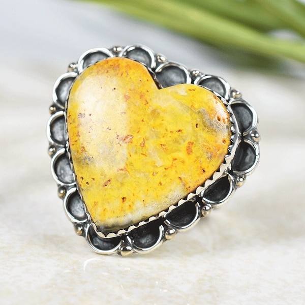 Bumble Bee Jasper Heart Ring in 925 Sterling Silver, Cabochon Cut Handmade Gemstone Ring, Valentine Gift for Women, Bohemian Statement Ring