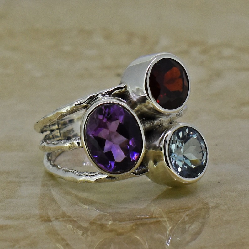 Garnet Gemstone silver Ring 925 Sterling Silver Rings Amethyst statement ring Blue Topaz gift for her Multi Gemstone RING
