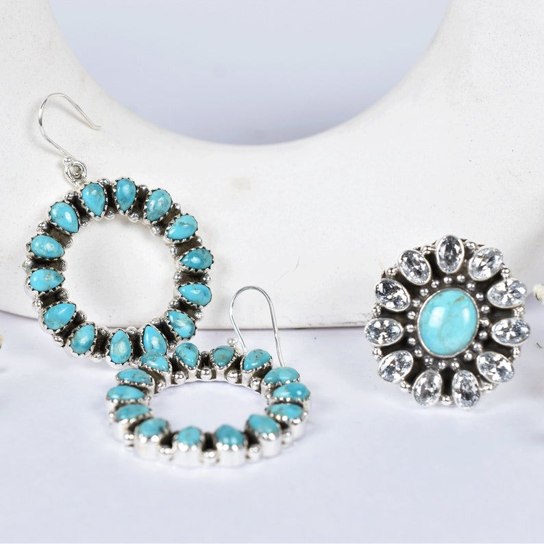 Turquoise Hoop Dangle Earring in 925 Sterling Silver, Bohemian Style Handmade Jewelry, Large Turquoise Cabochon Cluster Earnings For Women image 7