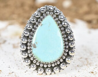 Large Turquoise 925 Silver Ring, Pear Shape Cabochon Gemstone Ring, Adjustable Ring for Women