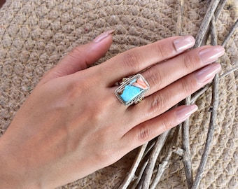 Handgemachte Spiny Oyster Türkis & Sterling Silber verstellbar Ring, Statement Ring für Frauen (Größe 7)