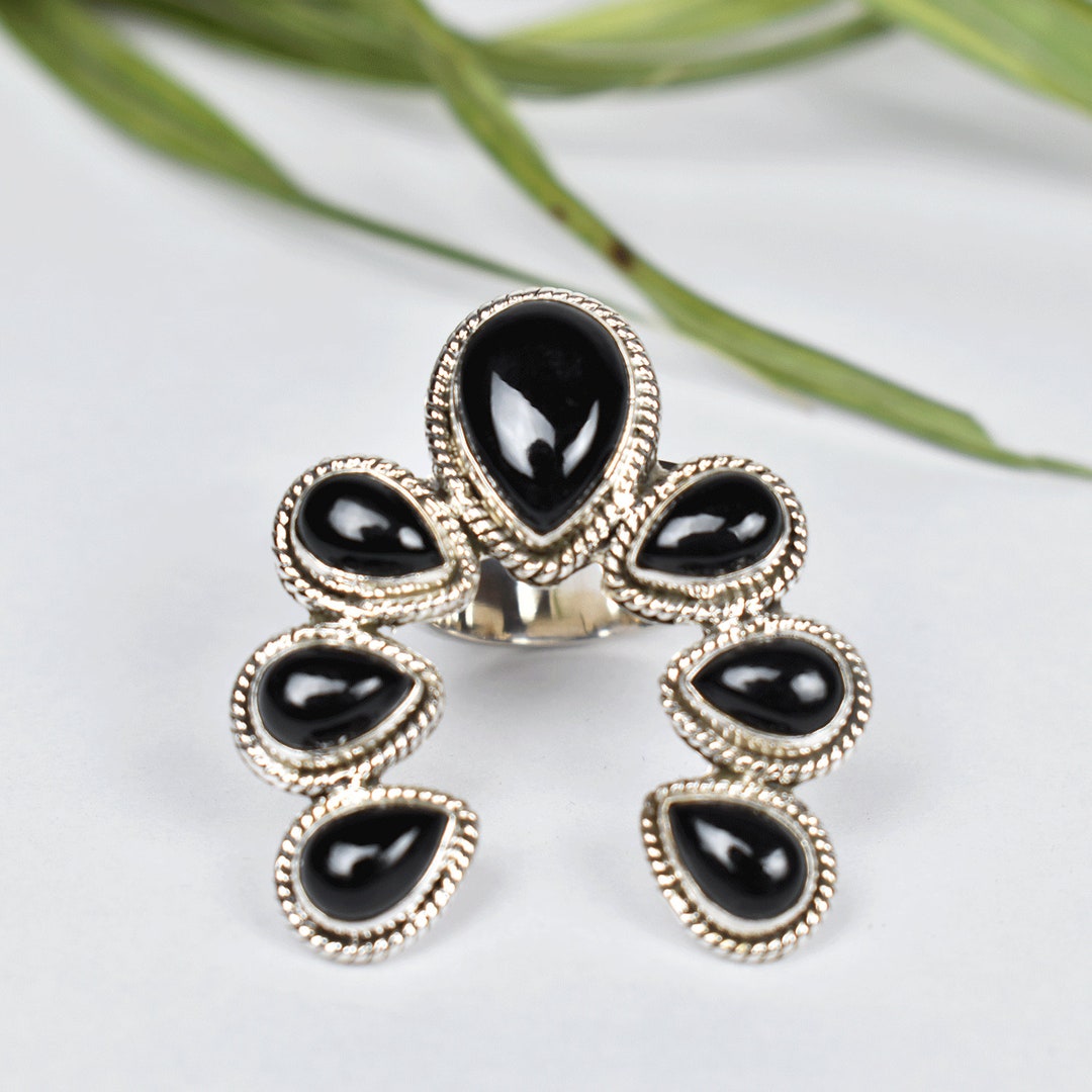 Naja Rind Black Onyx Naja Ring 925 Silver Ring, One of a Kind Statement Cluster ...