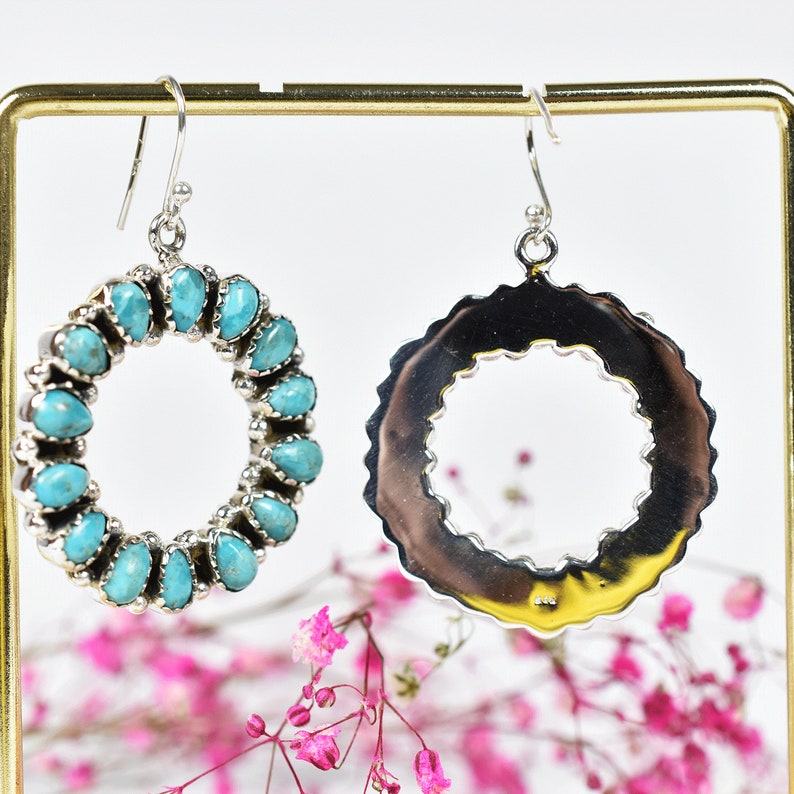 Turquoise Hoop Dangle Earring in 925 Sterling Silver, Bohemian Style Handmade Jewelry, Large Turquoise Cabochon Cluster Earnings For Women image 5