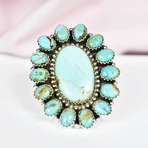 Turquoise Cluster Ring, Adjustable Turquoise Ring, Vintage Handmade Ring, Gemstone Ring Women, Indian Handmade Jewelry