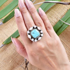 Handmade Turquoise, Pink Opal & Sterling Silver Adjustable Ring, Statement Ring for Women