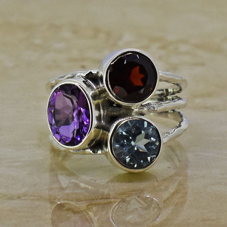 Garnet Gemstone silver Ring 925 Sterling Silver Rings Amethyst statement ring Blue Topaz gift for her Multi Gemstone RING