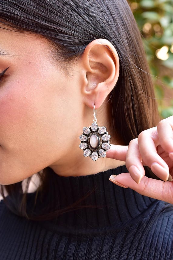 Natural Cubic Zirconia Solid Sterling Silver Dangle Drop Hook