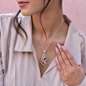 Handmade Spiny Oyster Turquoise & Sterling Silver Pendant Necklace with 18 Inch Adjustable Chain
