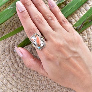 Handmade Spiny Oyster Turquoise & Sterling Silver Adjustable Ring, Statement Ring for Women (Size 8)