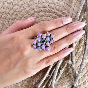 Handmade Sparkling Opal & Black Onyx 925 Sterling Silver Adjustable Ring