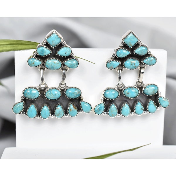 Turquoise 925 Sterling Silver Post Dangle Earrings, Handmade Earrings, Bohemian Statement Earring for Women, Gift for Women