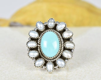 Pearl Ring, Turquoise Cluster Ring, Flower Ring Women, Handmade Sterling Silver, Mother of Pearl & Turquoise Cluster Adjustable Ring