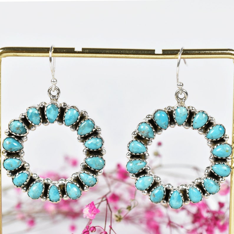 Turquoise Hoop Dangle Earring in 925 Sterling Silver, Bohemian Style Handmade Jewelry, Large Turquoise Cabochon Cluster Earnings For Women image 1