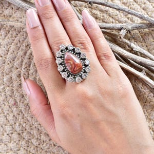 Handmade Crazy Lace Agate & Sterling Silver Adjustable Ring, CZ Statement Ring for Women