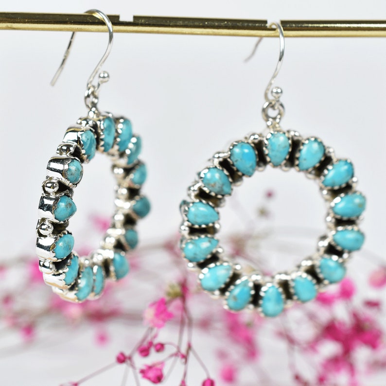 Turquoise Hoop Dangle Earring in 925 Sterling Silver, Bohemian Style Handmade Jewelry, Large Turquoise Cabochon Cluster Earnings For Women image 4