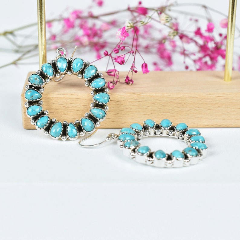 Turquoise Hoop Dangle Earring in 925 Sterling Silver, Bohemian Style Handmade Jewelry, Large Turquoise Cabochon Cluster Earnings For Women image 3
