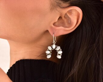 Grey Moonstone Cluster Earring in 925 Sterling Silver, Moonstone Gemstone Earrings, Handmade Indian Jewelry, Half Circle Earring for Women