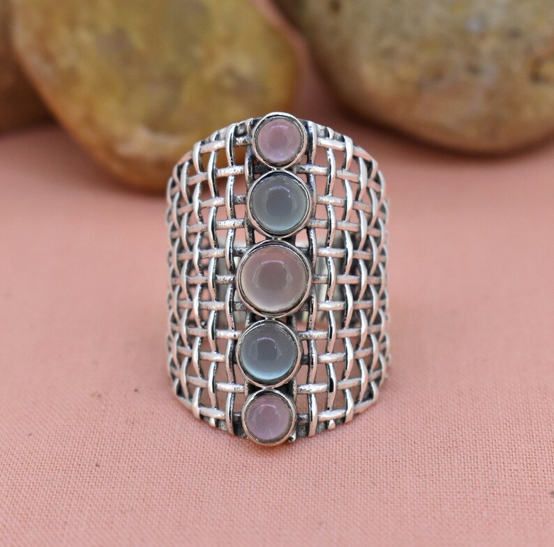 Rose quartz promise ring beautiful ring trendy ring aqua chalcedony 925 sterling silver ring handmade ring birthday gift gift for her