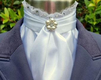ERA Euro Belle Pre-tied Stock Tie Plastron - White  satin with lace frill, optional pearl & crystal trim plus Brooch