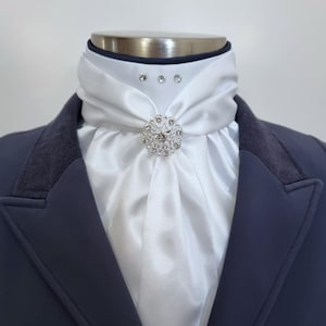 ERA Elle pre-tied Stock Tie - White satin Soft Ties with Navy or Black piping, Crystal Detail & Brooch