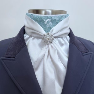 ERA Elle Pre-tied Stock Tie - White satin Soft Ties with Lace detail Mint or Mushroom and Silver Brooch
