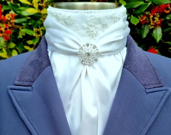 ERA Elle Pre-tied Stock Tie Plastron - White satin Soft Ties with Embroidered Centre & Brooch