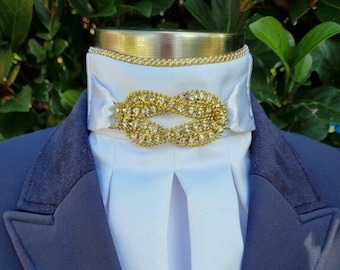 ERA Eliza Stock Tie - White Satin with Gold Crystal Rhinestone Detail