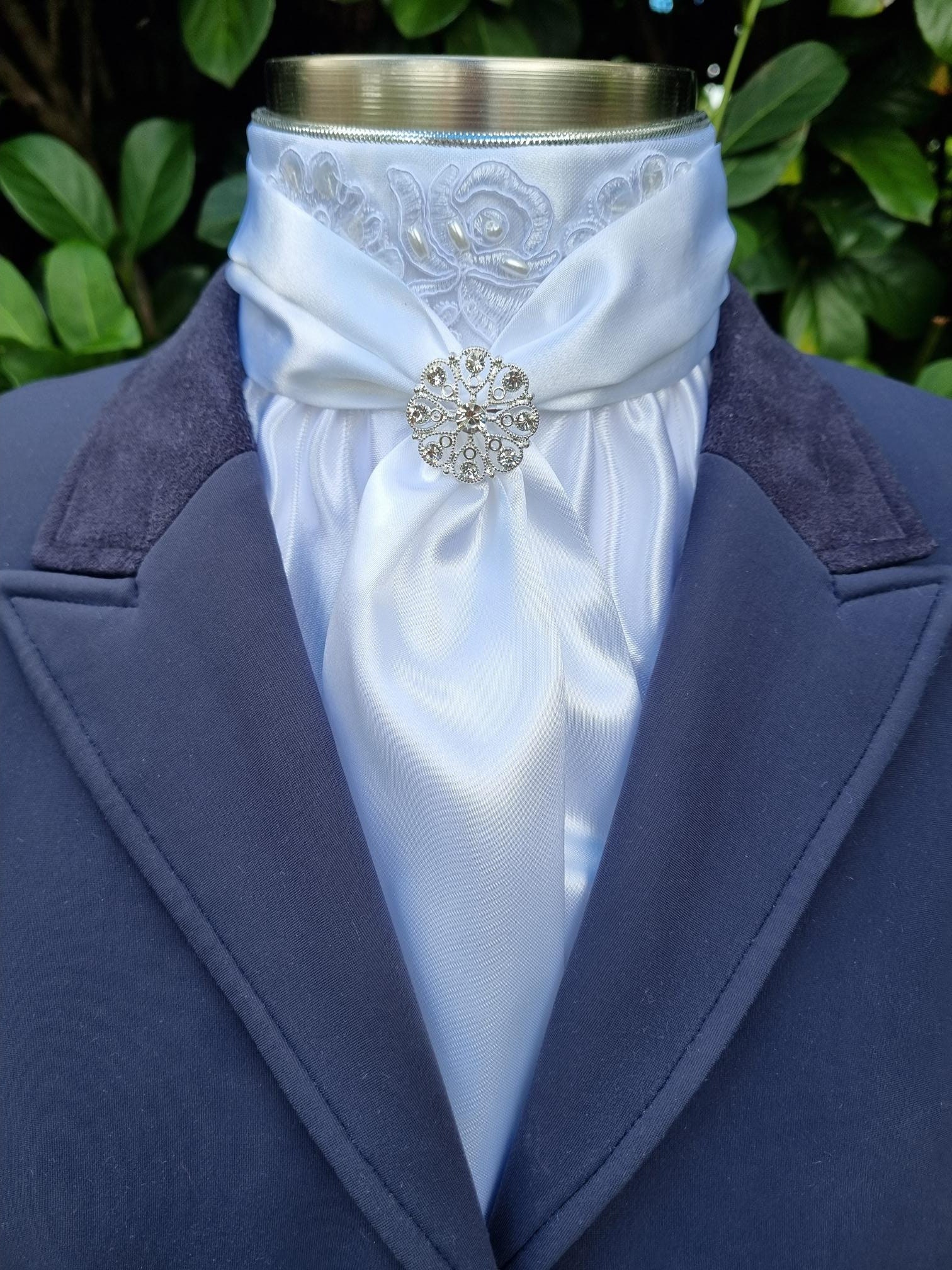 ERA Elle Pre-tied Stock Tie Plastron - White satin Soft Ties with Beaded Lace applique detail and silver brooch