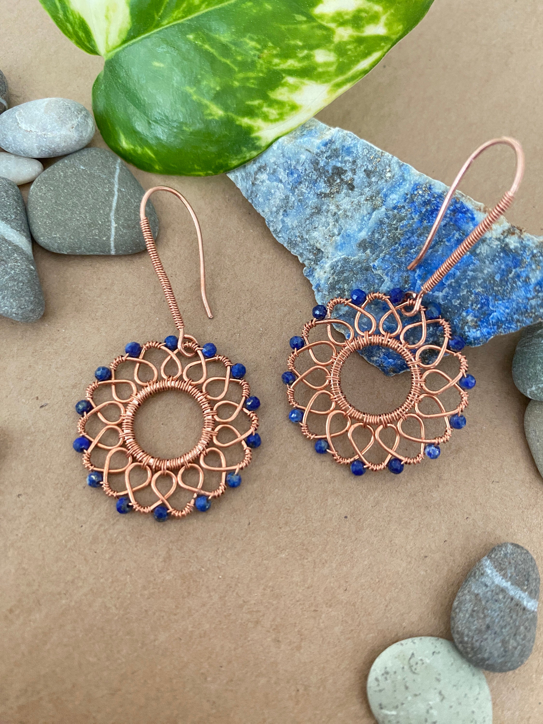 Pendant Earrings With Lapis Lazuli Handcrafted Handmade Wire Earrings