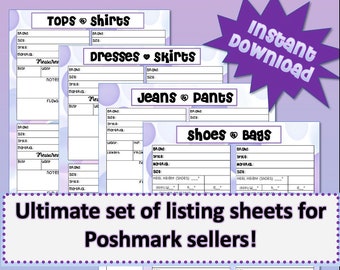 Poshmark Categorized Product Listing Tracker Templates, Inventory Measurements /Details, Reseller Planner, Online Shop Planner, Organization
