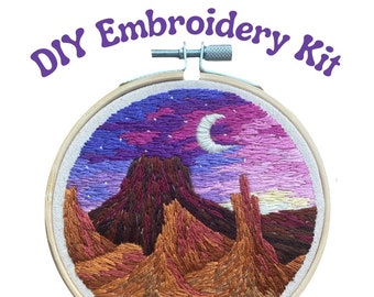 Desert Mountain Moon Sunset Embroidery Kit || Intermediate Thread Painting