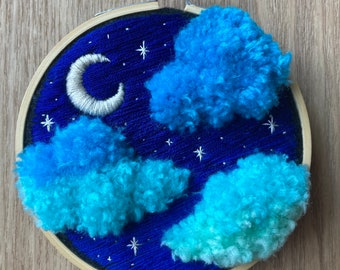 Ombré Cloudy Night Sky || Hand-Embroidered 4” Landscape Hoop || Fluffy Cloud, Stars, Moon, 3D Art