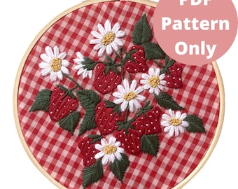 Strawberry Flower Patch Embroidery Pattern for 5” hoop || Needlepoint, Cottage Core, Garden, Summer