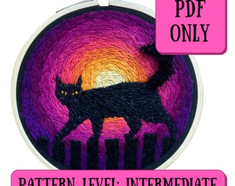 Black Cat Trance Embroidery Pattern + Instructions + Video || PDF ONLY || Embroidery Landscape Pattern