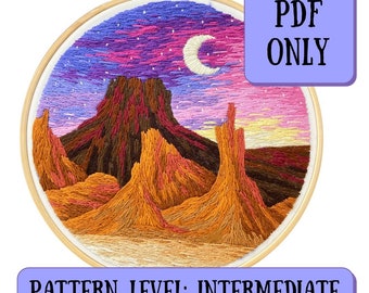 Desert Mountain Moon Sunset Pattern + Instructions || PDF UNIQUEMENT || Motif de paysage de broderie