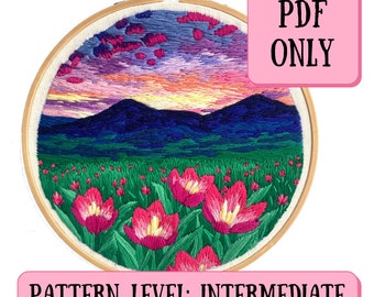 Motif de broderie Mountain Meadow Sunset + Instructions || PDF UNIQUEMENT || Motif de paysage de broderie