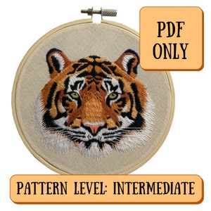 May include: Embroidery pattern for a tiger face in a hoop. The pattern is for an intermediate skill level. PDF download only.