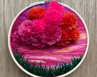 The Lonely Cloud at Sunset || Hand-Embroidered 4” Landscape Hoop || Fluffy Cloud, Nature, Sunset, 3D Art