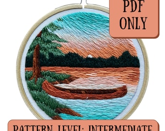 Canoe Lake Sunset Embroidery Pattern + Instructions || PDF ONLY || Embroidery Landscape Pattern for 4" hoop