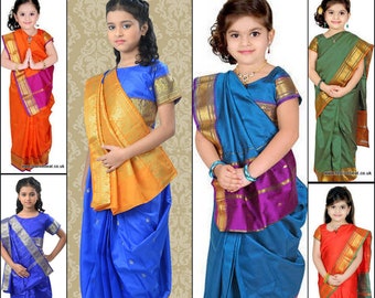 KIDS SAREE Ready Made Pre stitched ready to wear Plain pleated sari Indian Ethnic  bridal wedding party dress Indian Girls costume Bollywood