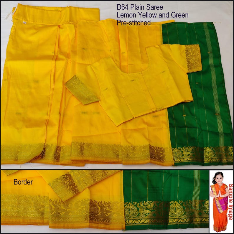 May include: A pre-stitched lemon yellow and green saree with a gold border. The saree is laid out flat and includes a blouse piece. The text "D64 Plain Saree Lemon Yellow and Green Pre-stitched" is visible at the top of the image.
