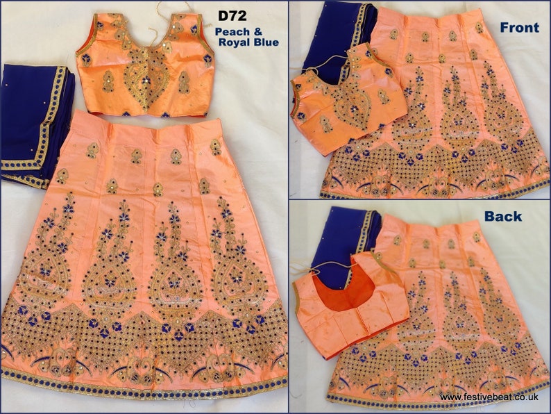 May include: Peach and royal blue girls' lehenga choli with gold embroidery and sequins. The choli has a sleeveless design and the skirt has a flared silhouette. The set includes a dupatta.