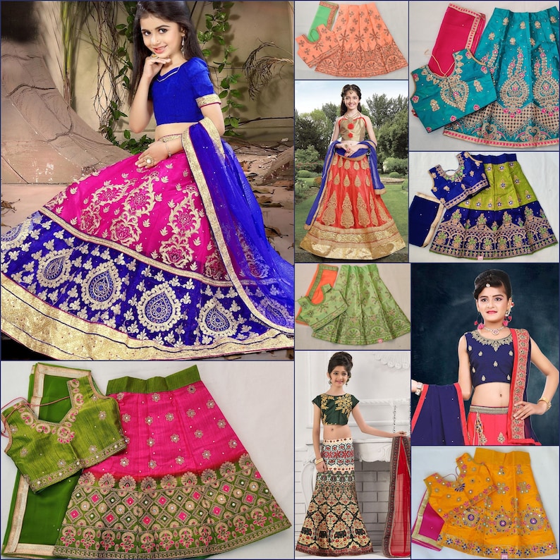 May include: A collage of nine images showcasing different styles of girls' Indian clothing. The outfits feature a variety of colors, fabrics, and embellishments, including pink, blue, green, and gold. The clothing is perfect for special occasions or everyday wear.