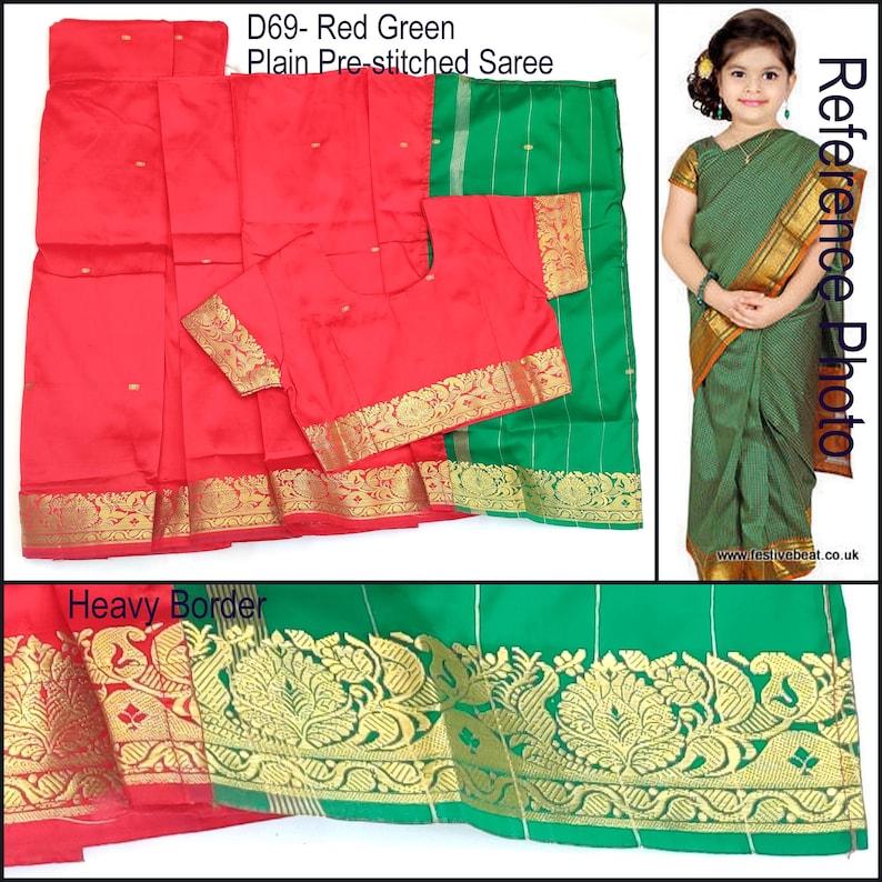 May include: Red and green pre-stitched saree with a heavy gold border. The saree has a red blouse and a green pallu. The saree is for a young girl. D69 - Red Green Plain Pre-stitched Saree. Heavy Border.