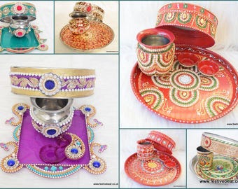 KARWA CHAUTH puja combo set, decorative designer pooja thaali, plate channi kalash lota. Indian festival