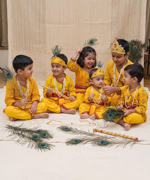 Kids children kanha KRISHNA fancy dress up COSTUME bal Gopal Kurta Dhoti Mukut bansuri complete set-UK Seller